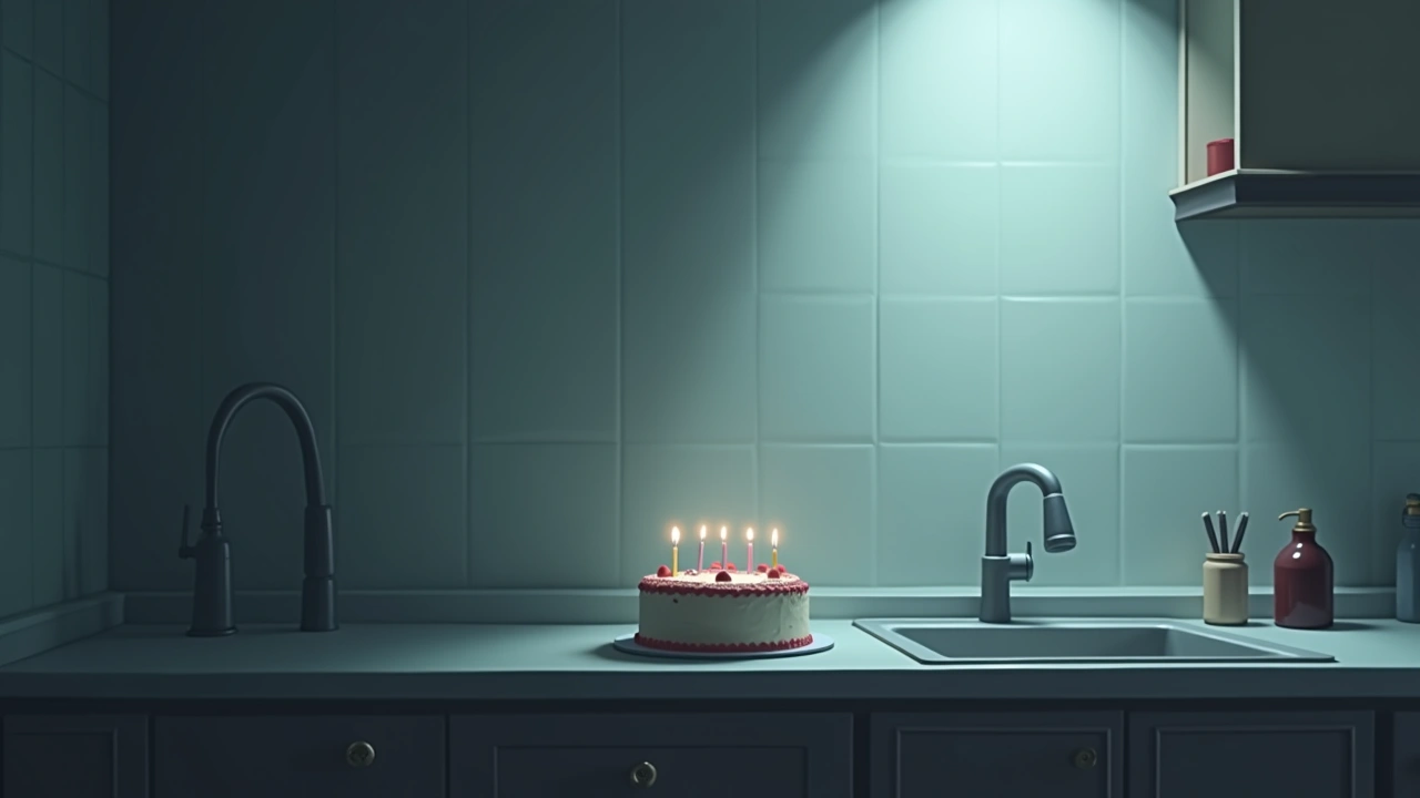 Illustration: a birthday cake on a kitchen counter in soft morning light.