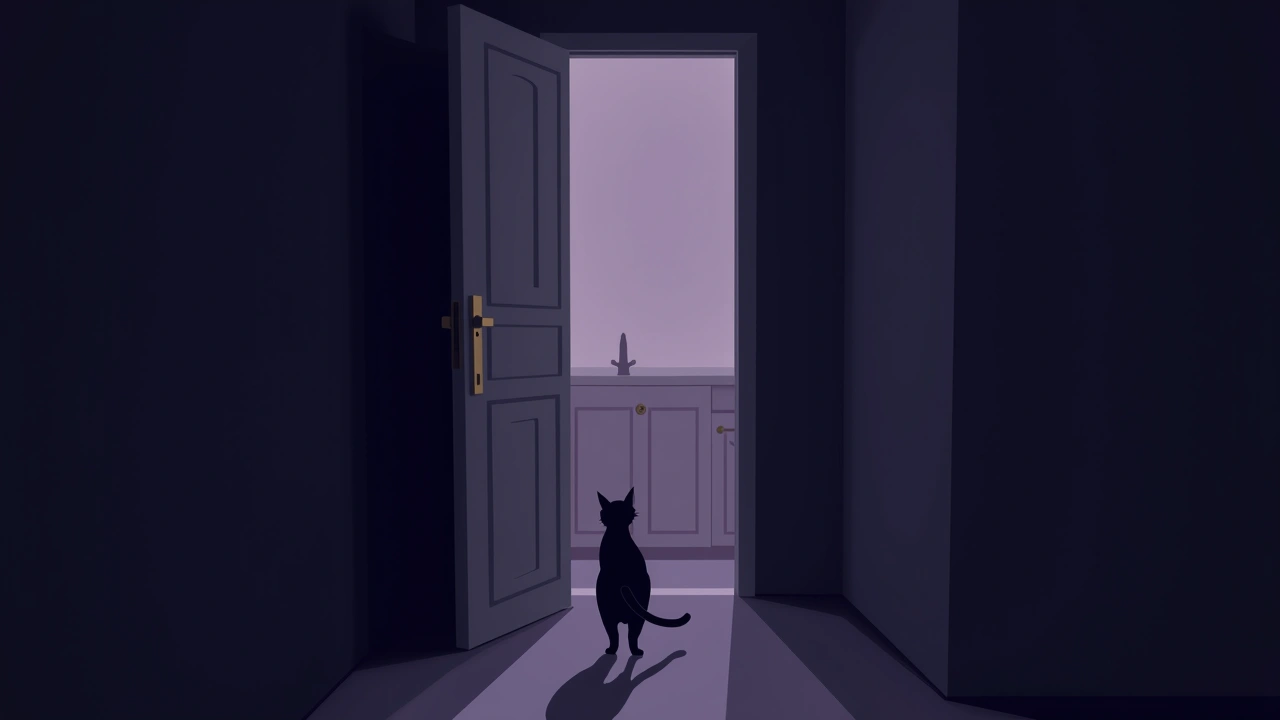 Illustration: a quiet hallway with a cat stepping out of a kitchen doorway.