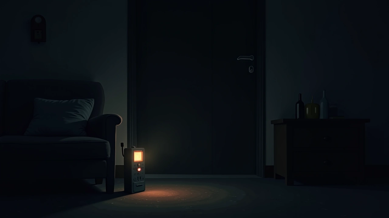 Illustration: A ghost-detection meter glowing on a phone in a dim living room.