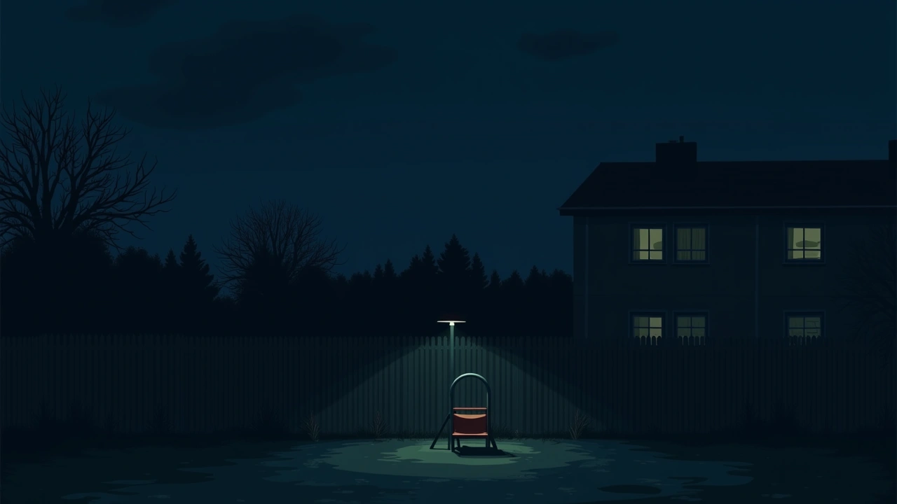 Illustration: An empty kindergarten garden at dusk, play equipment near the corner fence.