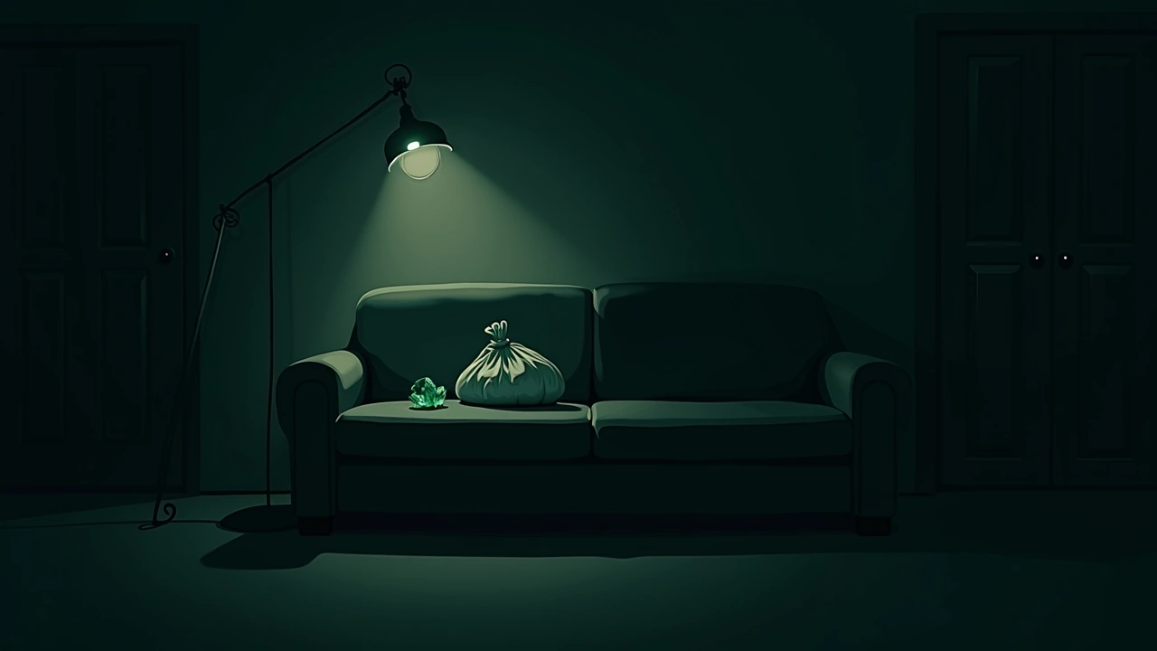 Illustration: a bag of polished crystals resting on a couch in a dim living room.