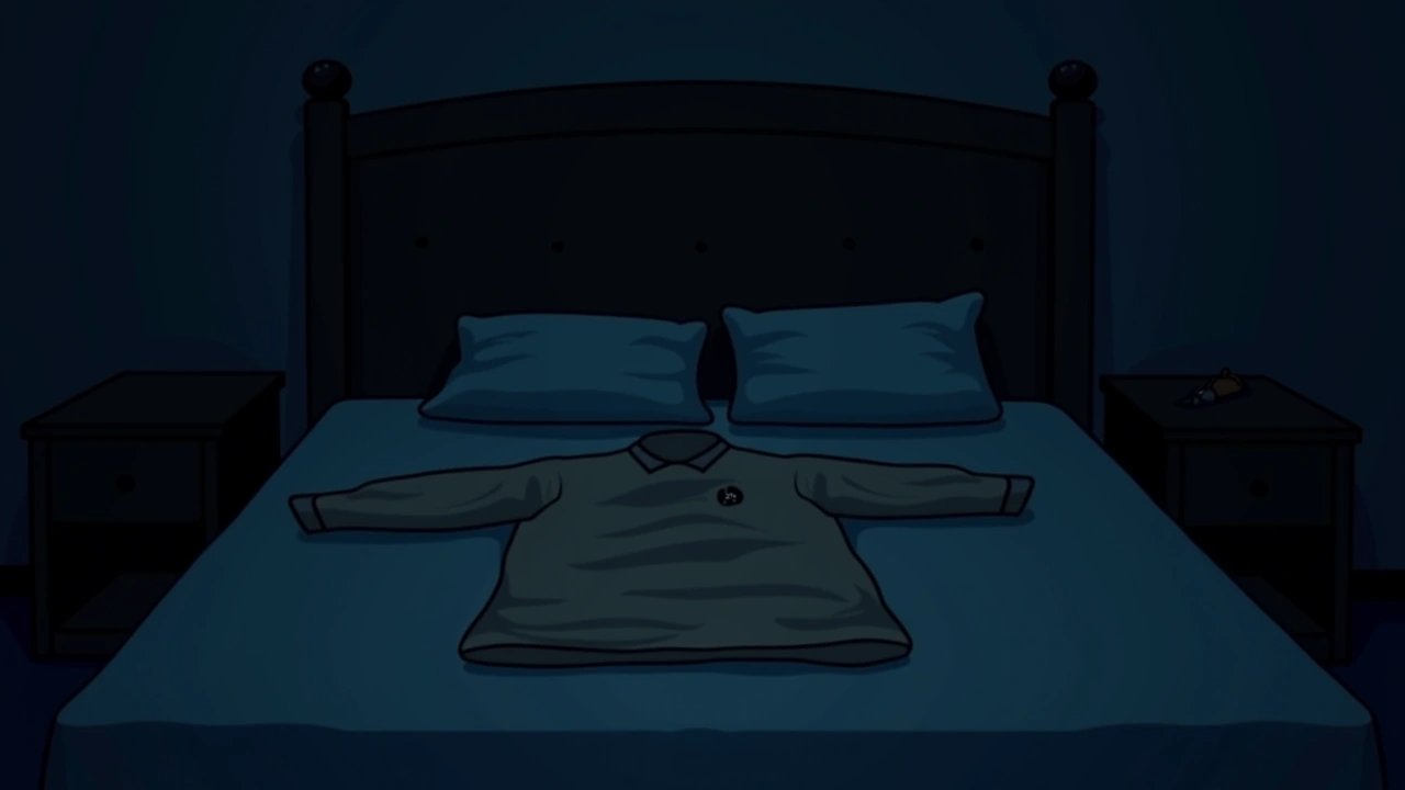 Illustration: a shirt with a dog emblem laid out on a bed in a dim bedroom.