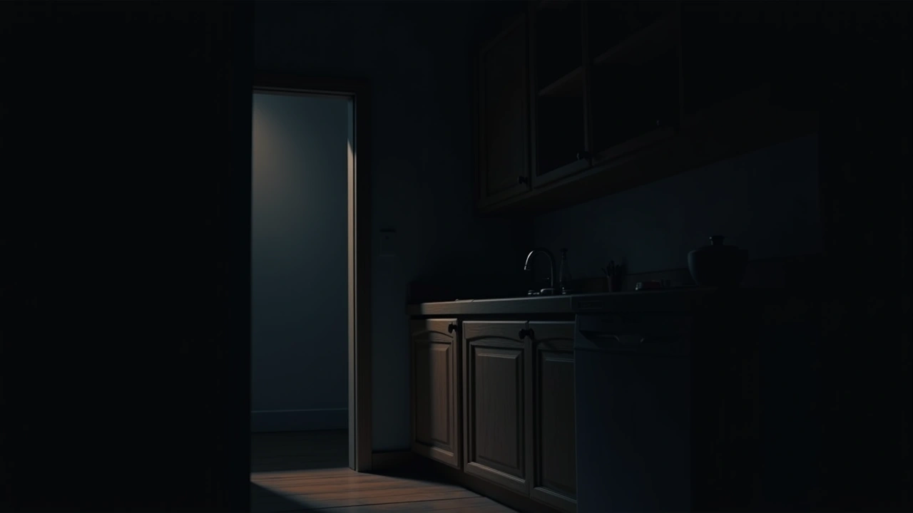 Illustration: a closed wooden kitchen cabinet in a dim, quiet home at night.
