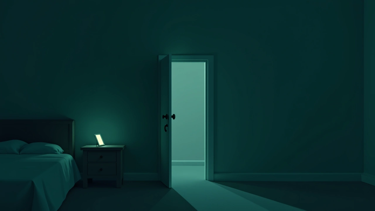 Illustration: a bedroom door swinging open in a dim room, a phone glowing on the nightstand nearby.