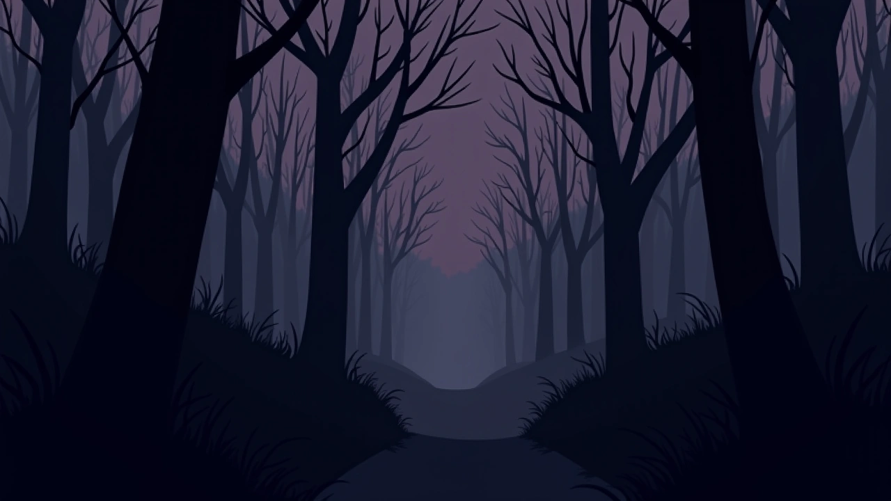 Illustration: a dark wood at dusk, bare trees crowding a narrow path.