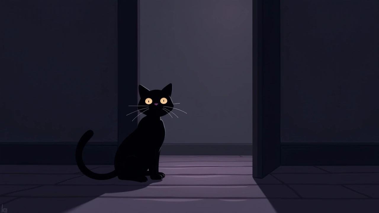 Illustration: a black cat staring intently past the camera in a dim, sage-smoke-filled room at night.