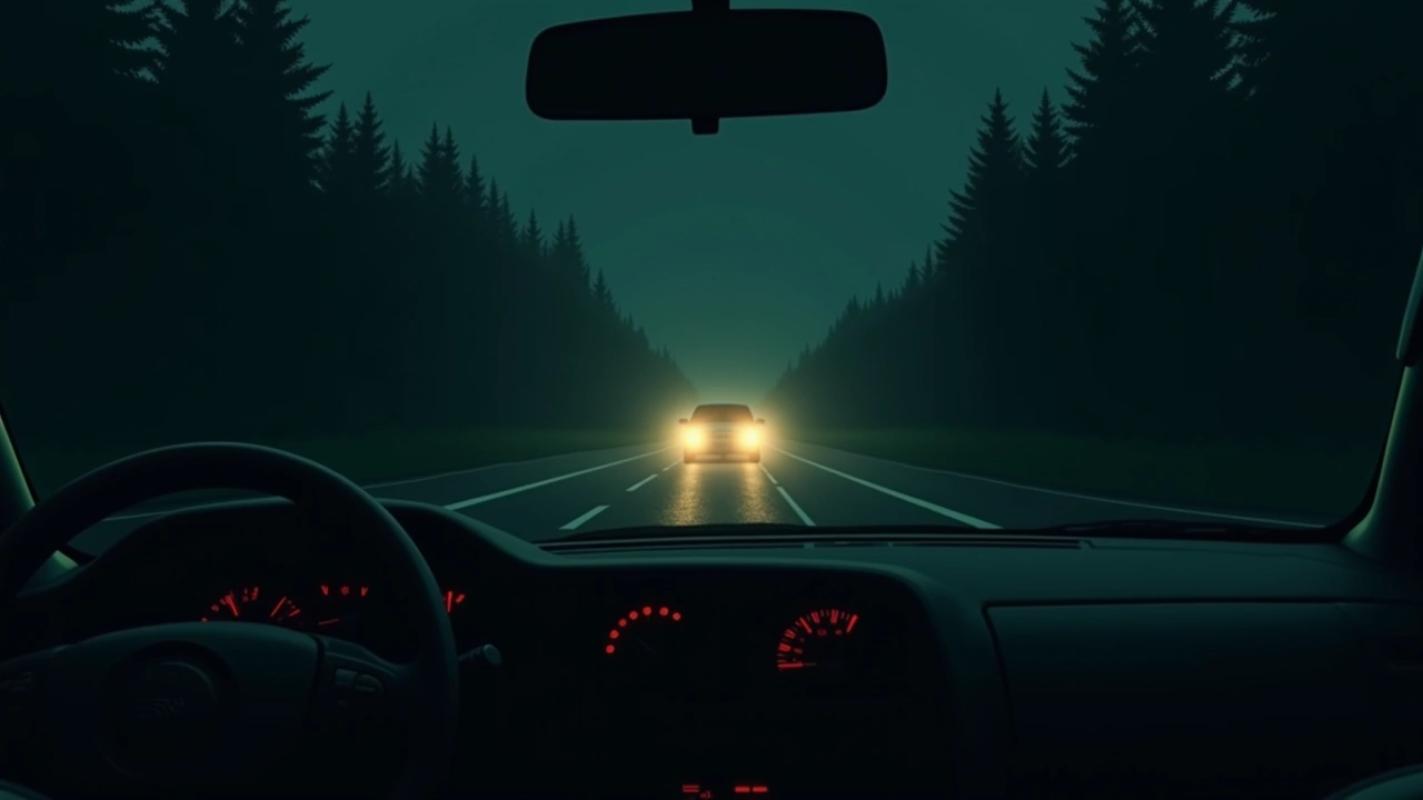 Illustration: a car dashboard at night facing an intersection with an oncoming vehicle's headlights.