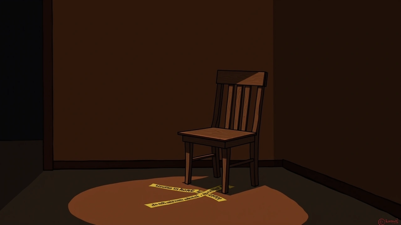Illustration: a wooden chair in a dim room with a strip of tape just visible underneath it.
