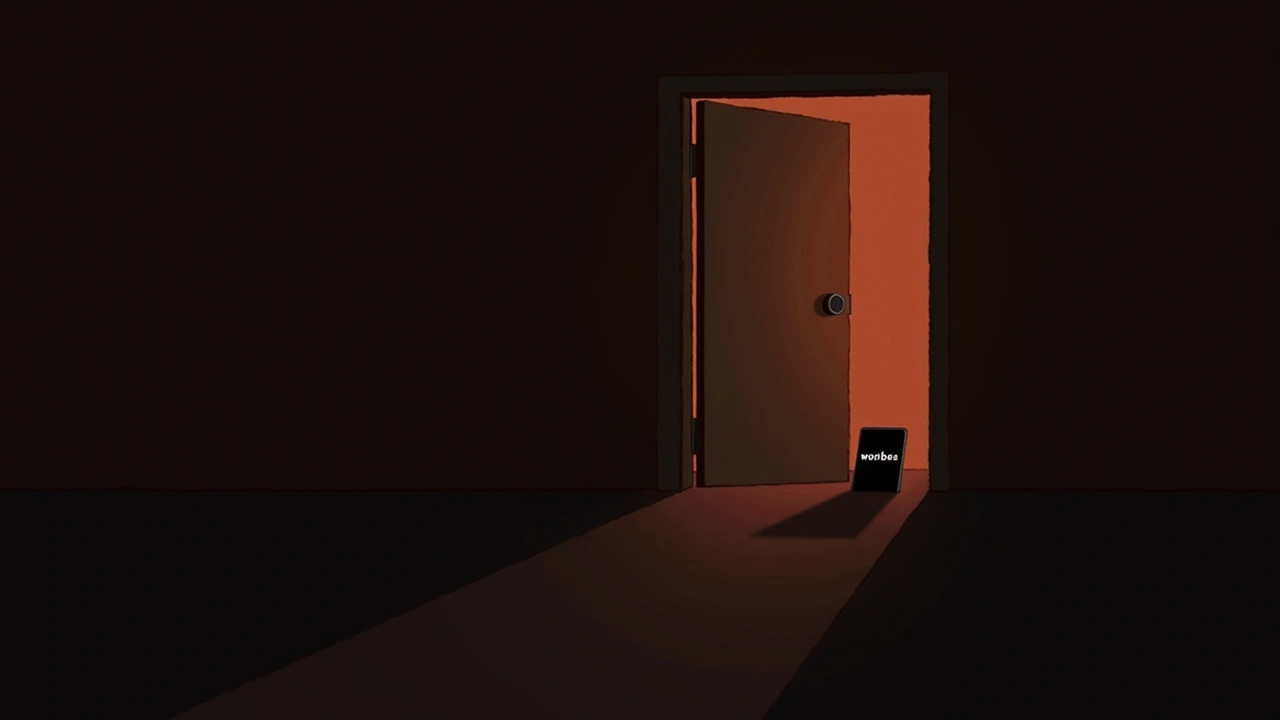 Illustration: a dim, quiet room lit only by a phone screen displaying a single word.