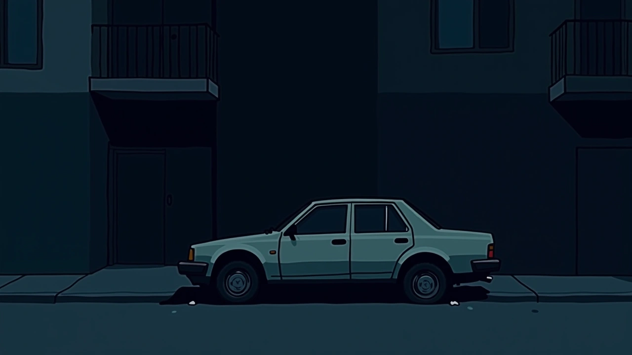 Illustration: a wrecked car parked on a street below an apartment balcony at dusk.