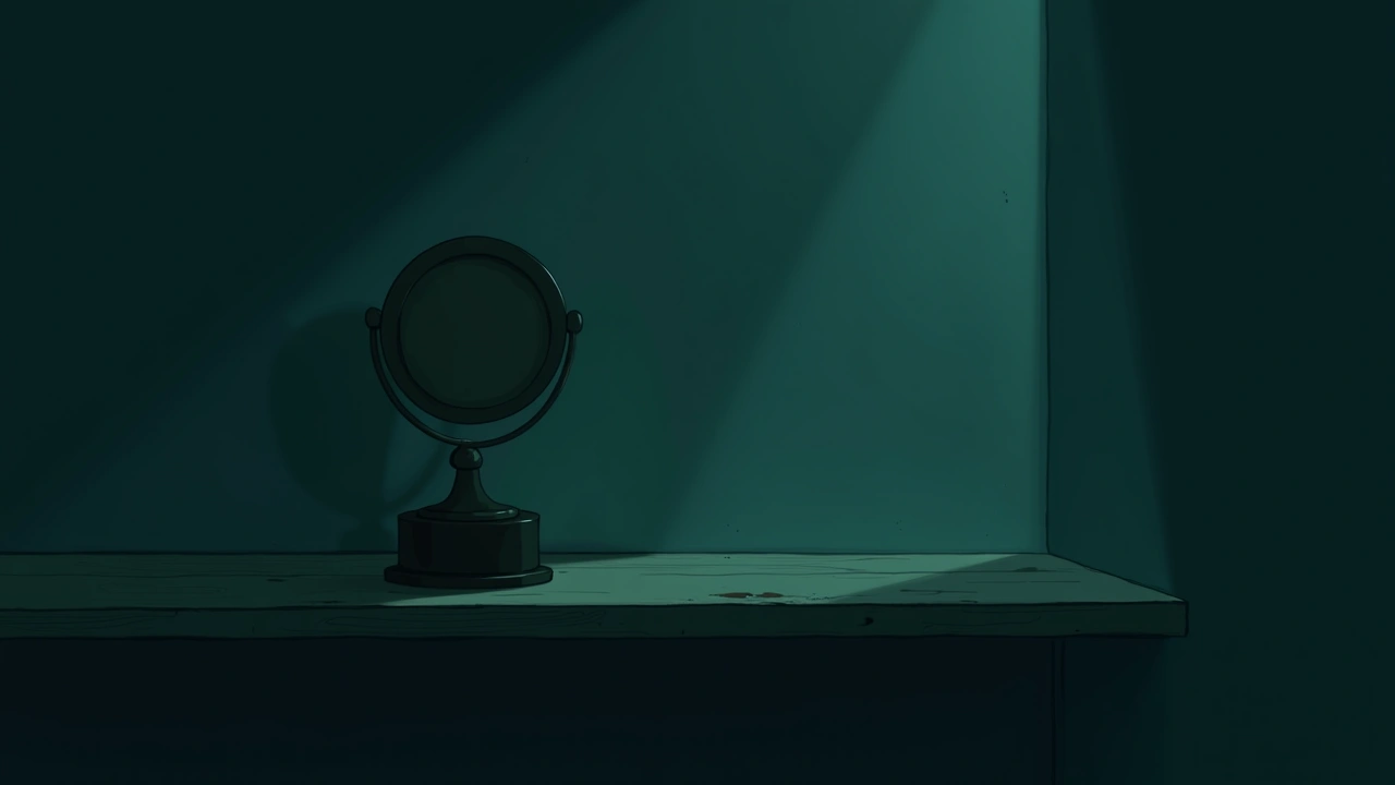 Illustration: a circular songwriting award trophy on a wooden shelf, softly lit.