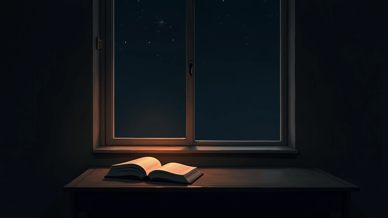 Illustration: a desk with an open book at night, near an open window.