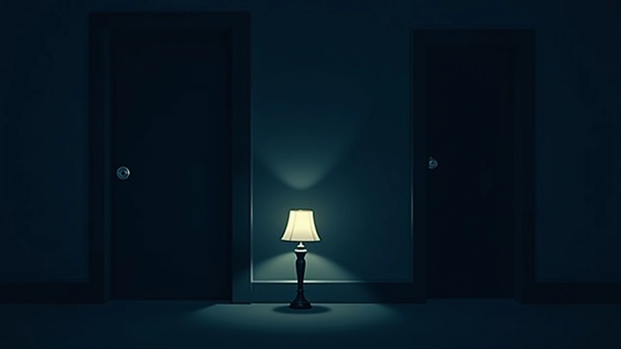Illustration: an EMF reader glowing near a lamp in a dim room.