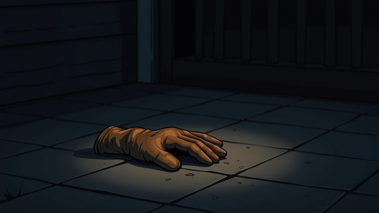 Illustration: A worn work glove lying on a sunlit patio floor.