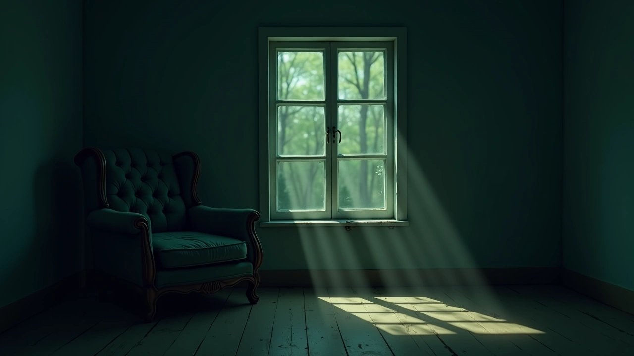 Illustration: a quiet living room with afternoon light, an old wooden armchair passed down through generations.