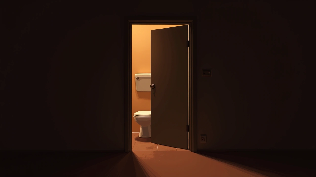 Illustration: a bathroom door cracked open with a sliver of light spilling into a dark hallway.