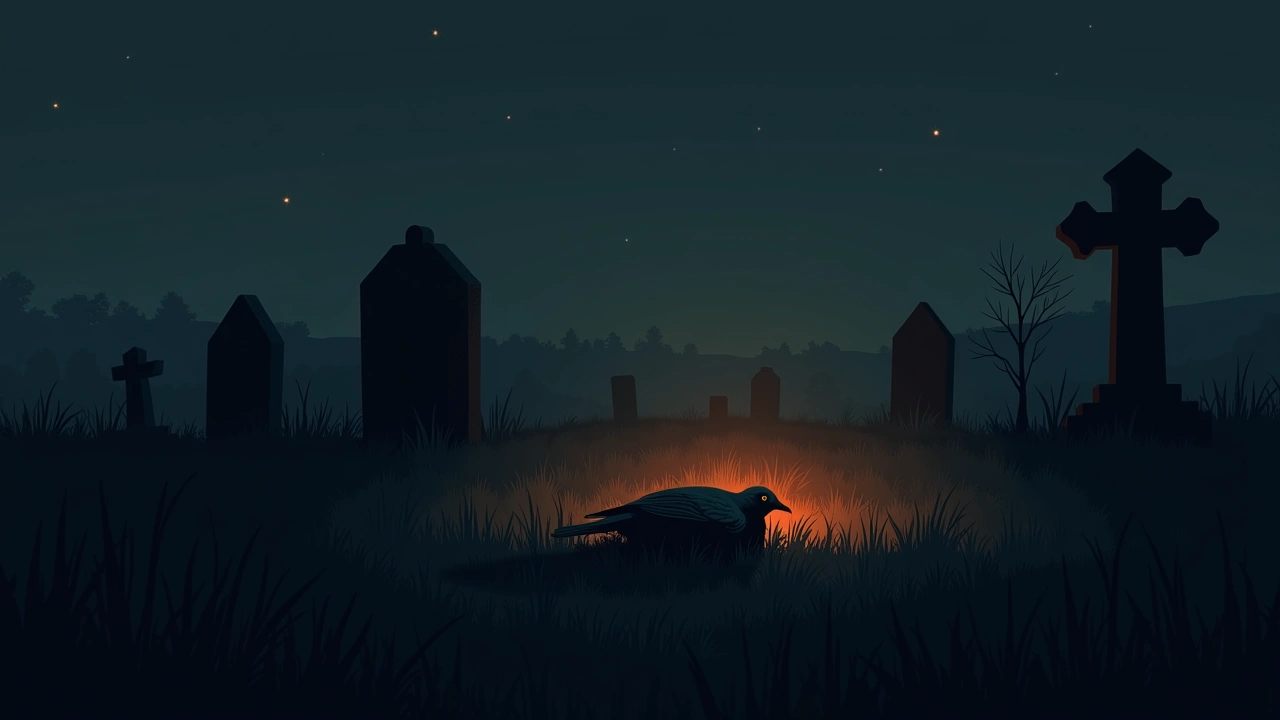 Illustration: a dead bird lying in tall grass near an old rural graveyard at dusk.