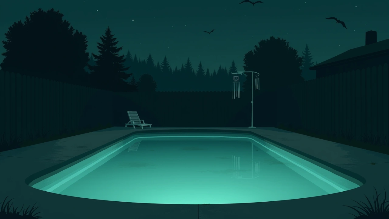 Illustration: a backyard swimming pool under a night sky with wind chimes swaying.