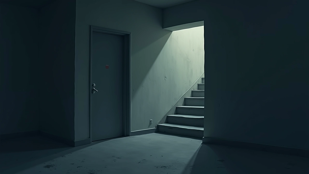 Illustration: a closed office door at the bottom of a dim restaurant basement staircase.