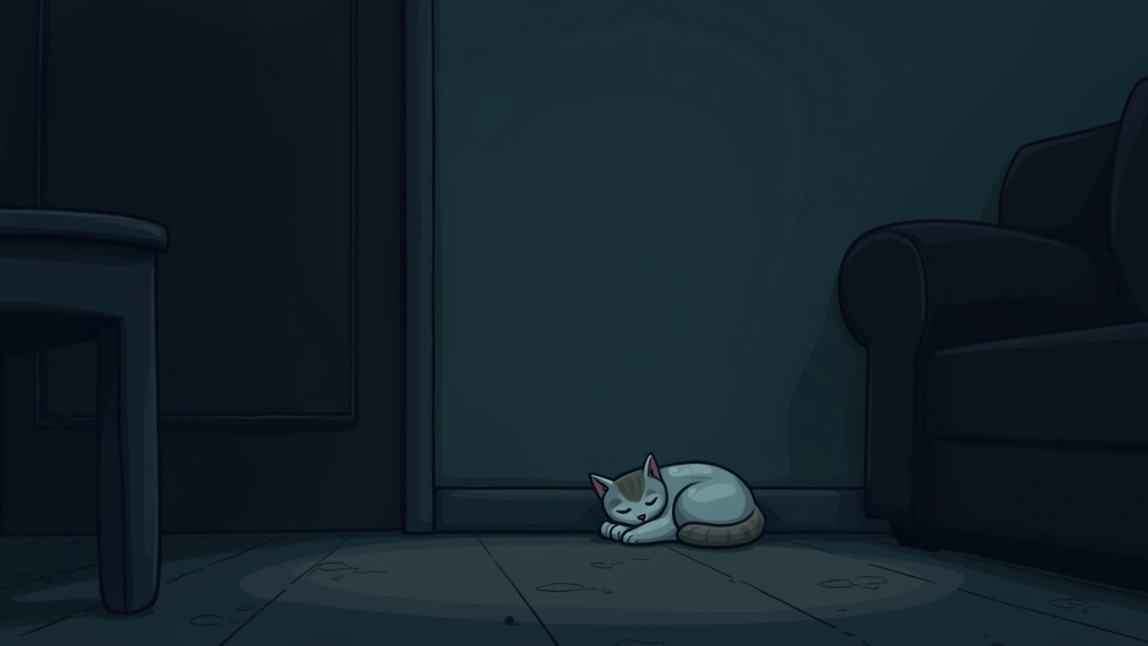 Illustration: a cat curled up asleep in a dim living room.