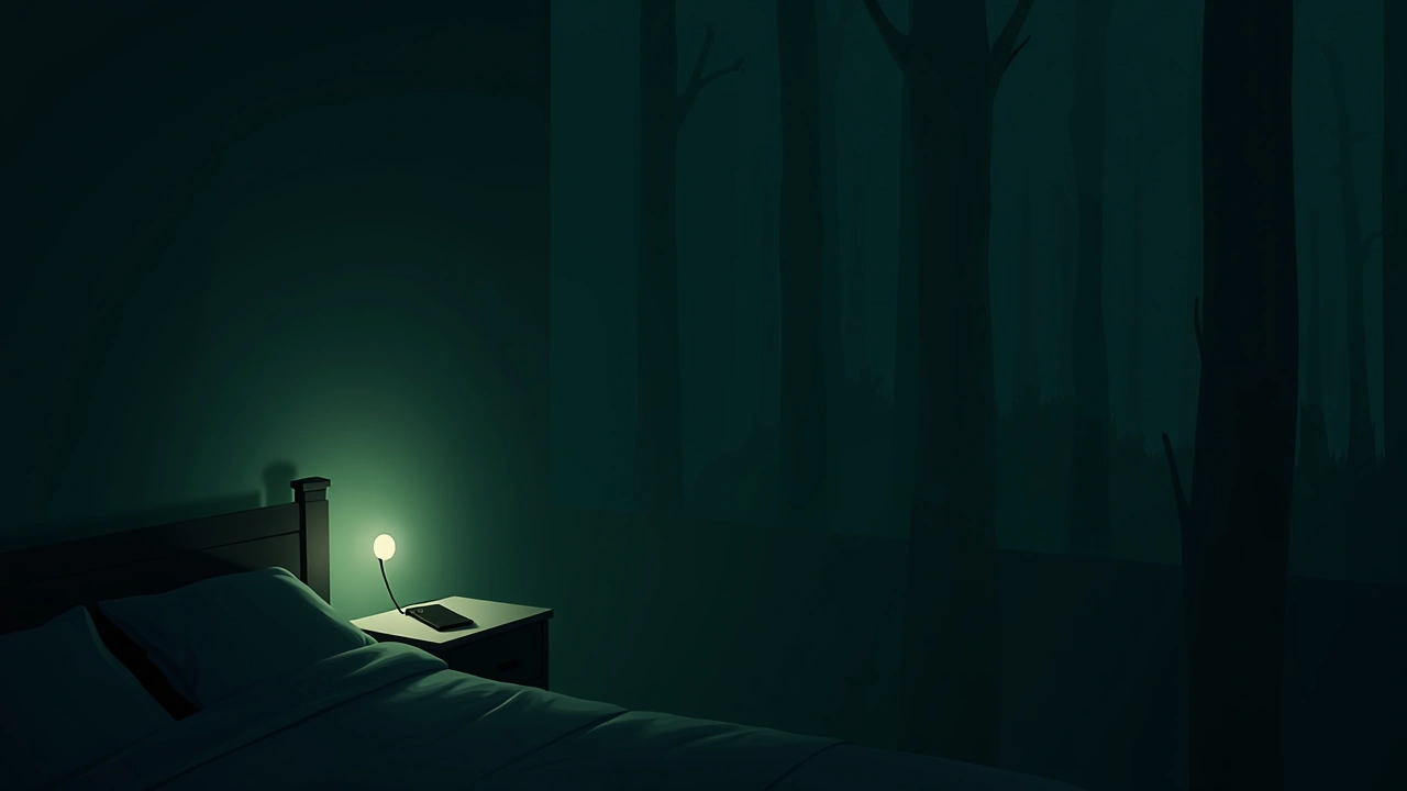 Illustration: a dim bedroom late at night, a phone glowing on a nightstand with music softly playing.