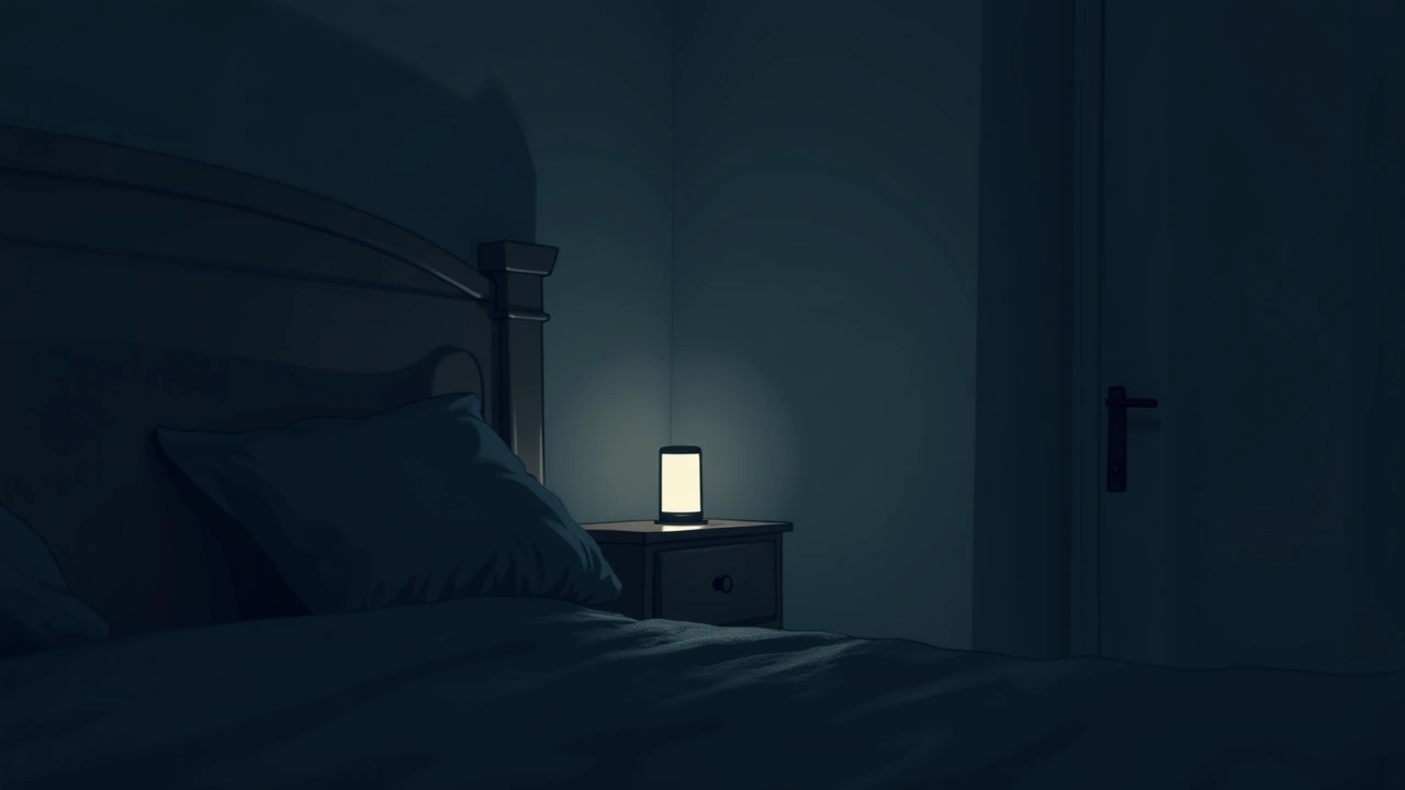 Illustration: a phone glowing softly on a nightstand in a dim bedroom late at night.