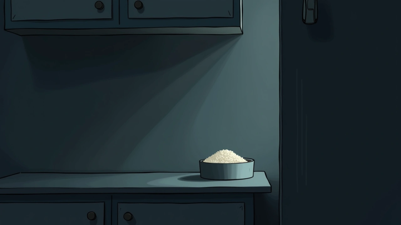 Illustration: a box of rice tucked in a kitchen cabinet, dimly lit.