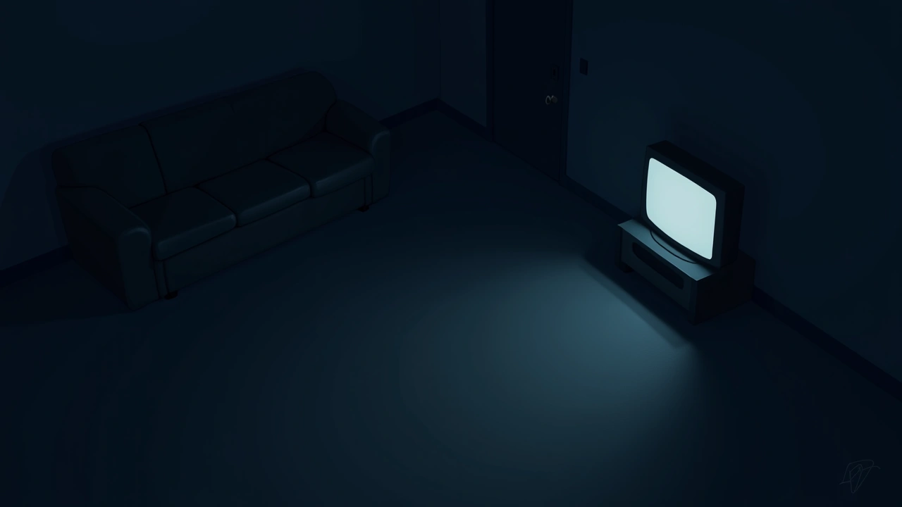 Illustration: a darkened living room where a television casts a long shadow across the floor.