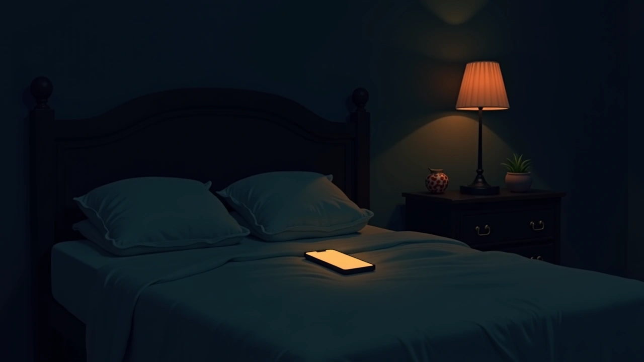 Illustration: a phone glowing on a rumpled bed in a dim bedroom at night.