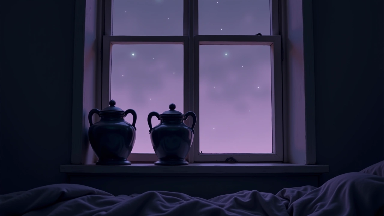 Illustration: two old urns resting on a bedroom windowsill at night.