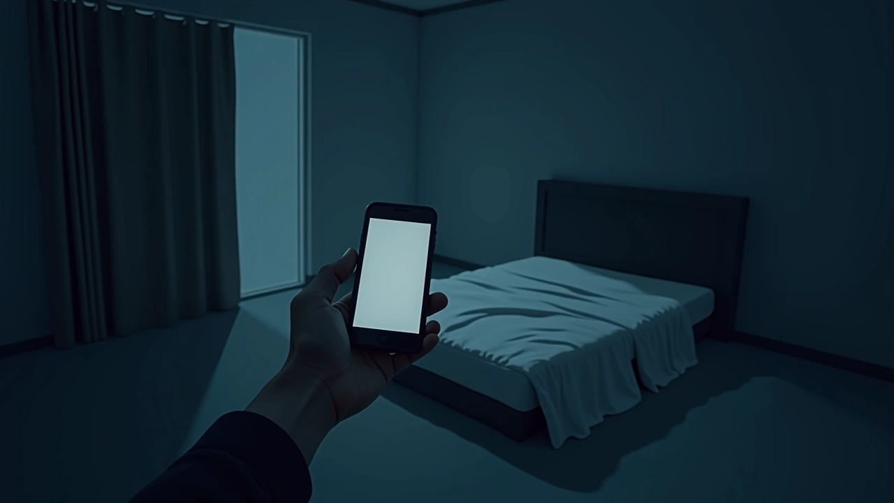 Illustration: a smartphone held above a neatly made bed in a dim, quiet bedroom.
