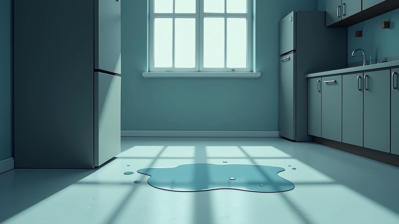 Illustration: a puddle of water spreading across a kitchen floor in afternoon light.