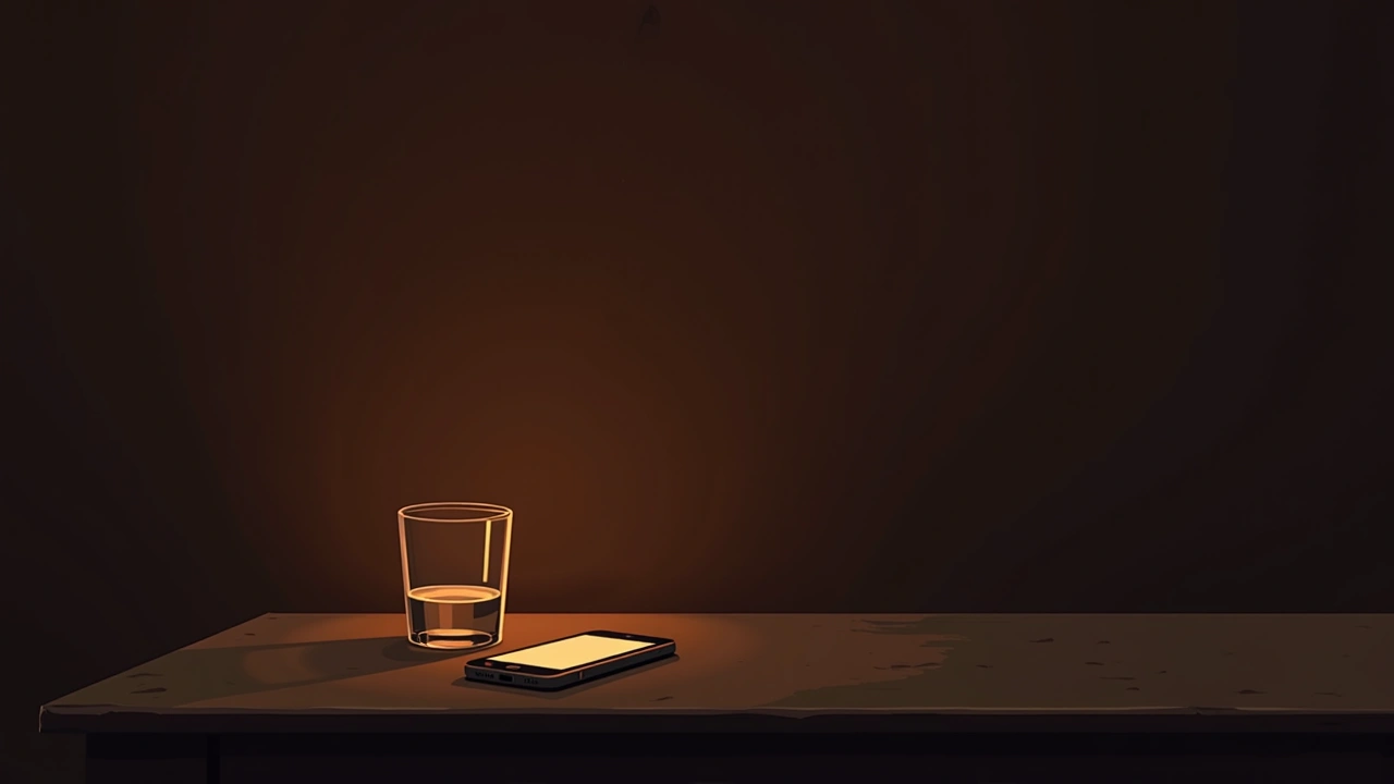 Illustration: a glass of water on a table at night, a phone glowing nearby.
