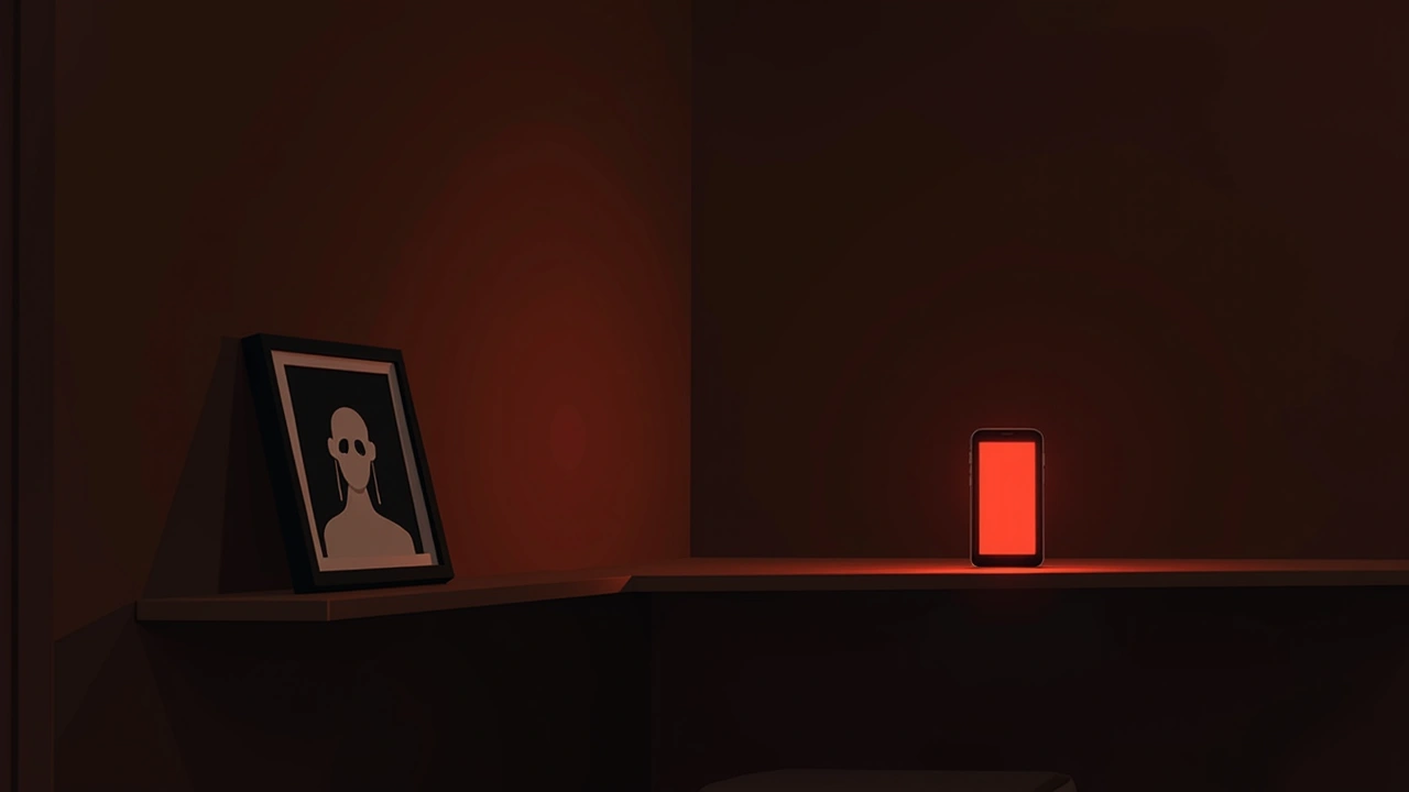 Illustration: A framed photograph on a shelf beside a phone screen glowing red in a dim room.