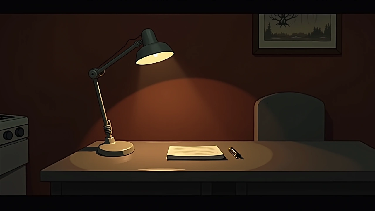 Illustration: a small notepad and pen on a kitchen table under a dim lamp at night.