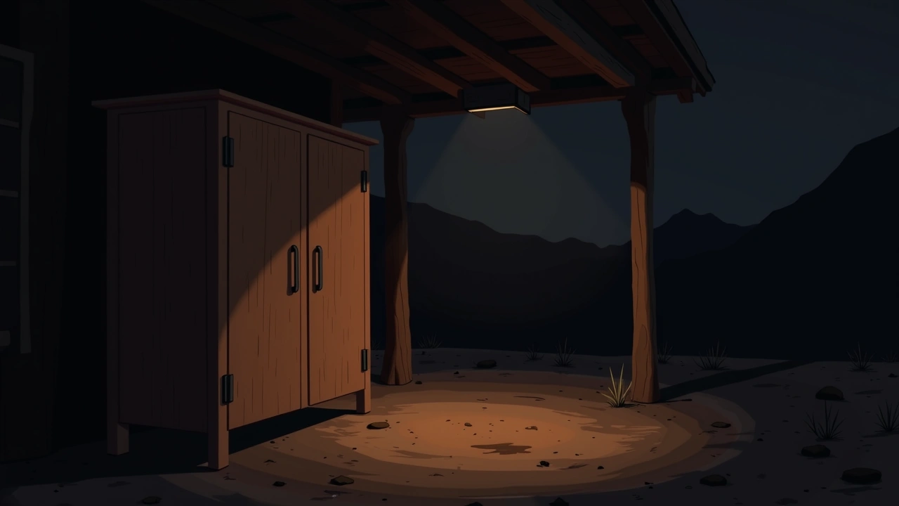 Illustration: a wooden cabinet in a dim mountain house at night.