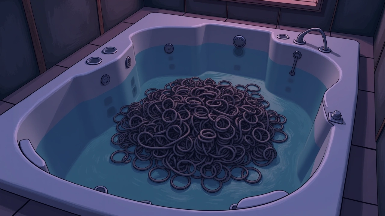 Illustration: a large tangled wad of keychains tucked beneath a jacuzzi tub.