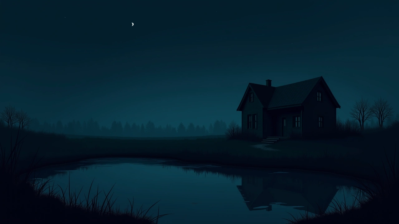Illustration: a still, dark pond beside an old abandoned building at night.