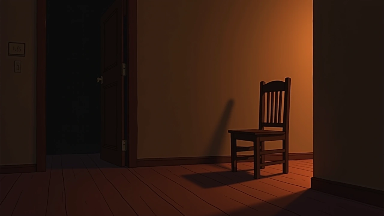 Illustration: an empty wooden chair in a dim living room.