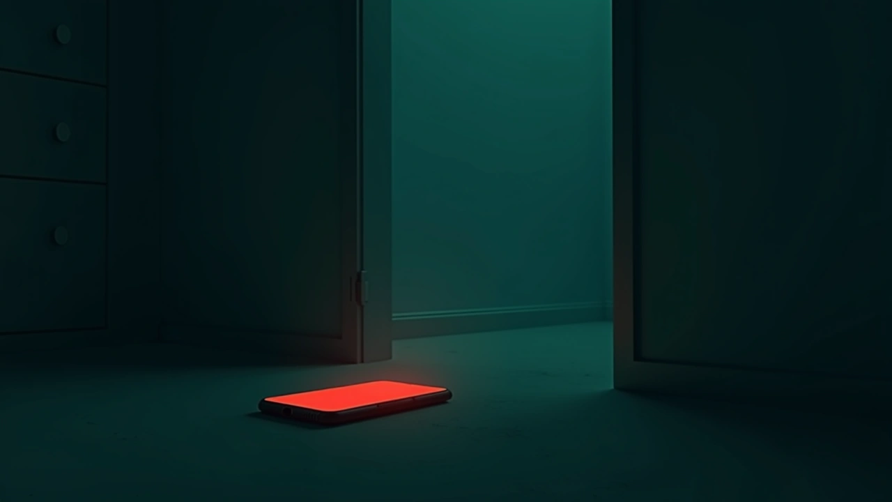 Illustration: a smartphone glowing red in a dark room, its meter bars lit up near the top.