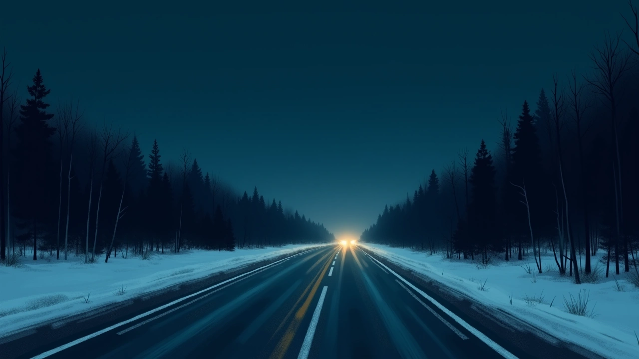 Illustration: an empty snowy highway at dusk in winter.