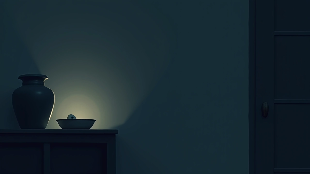 Illustration: an urn resting quietly on a shelf in a dim, homely room.