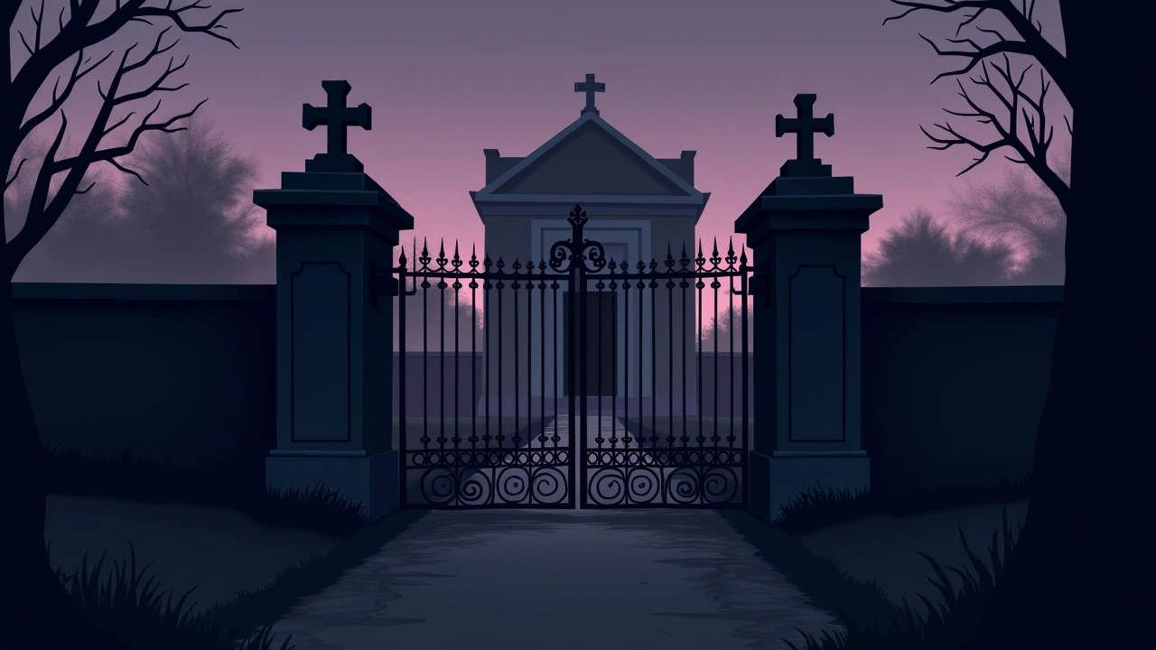 Illustration: Old iron cemetery gates behind a weathered building at dusk.