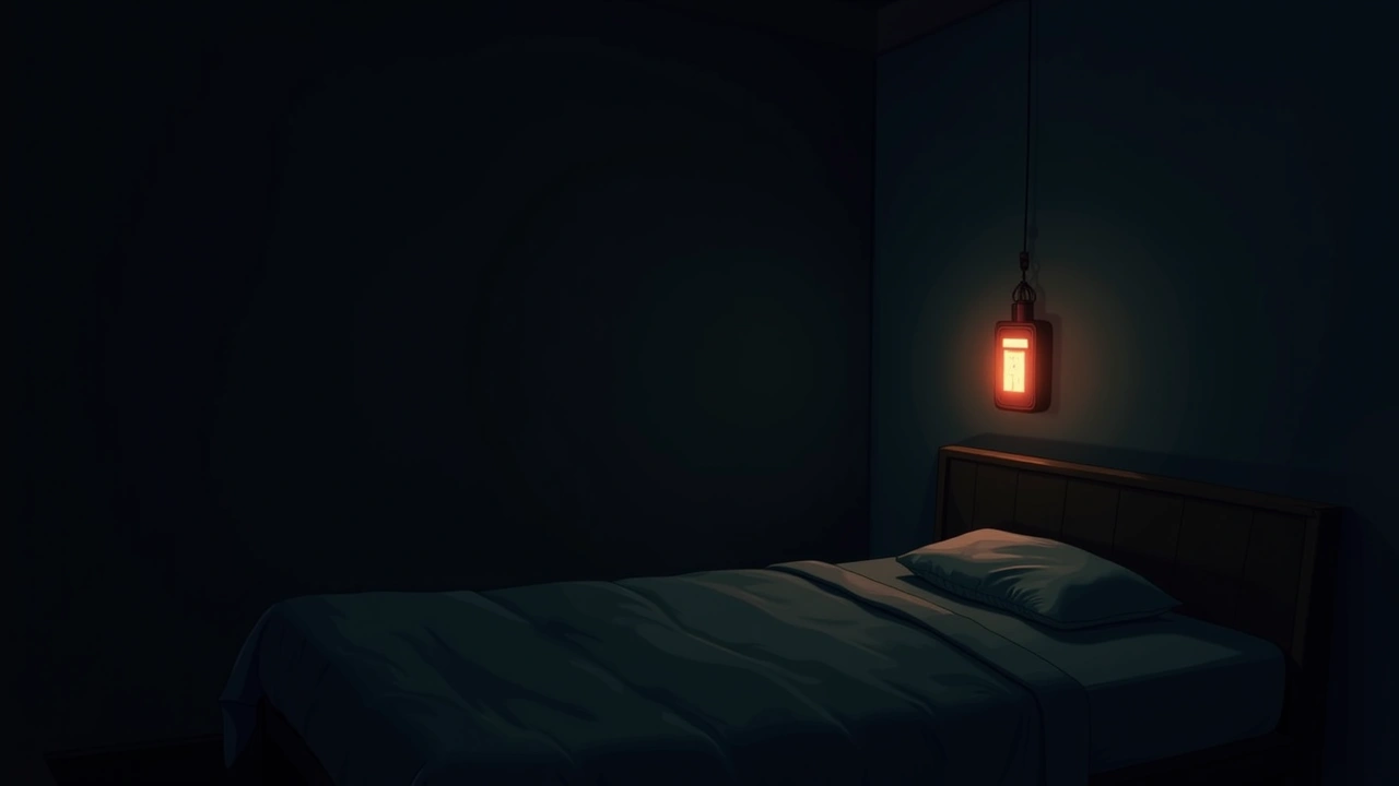 Illustration: a dim bedroom corner at night lit by a glowing EMF meter.