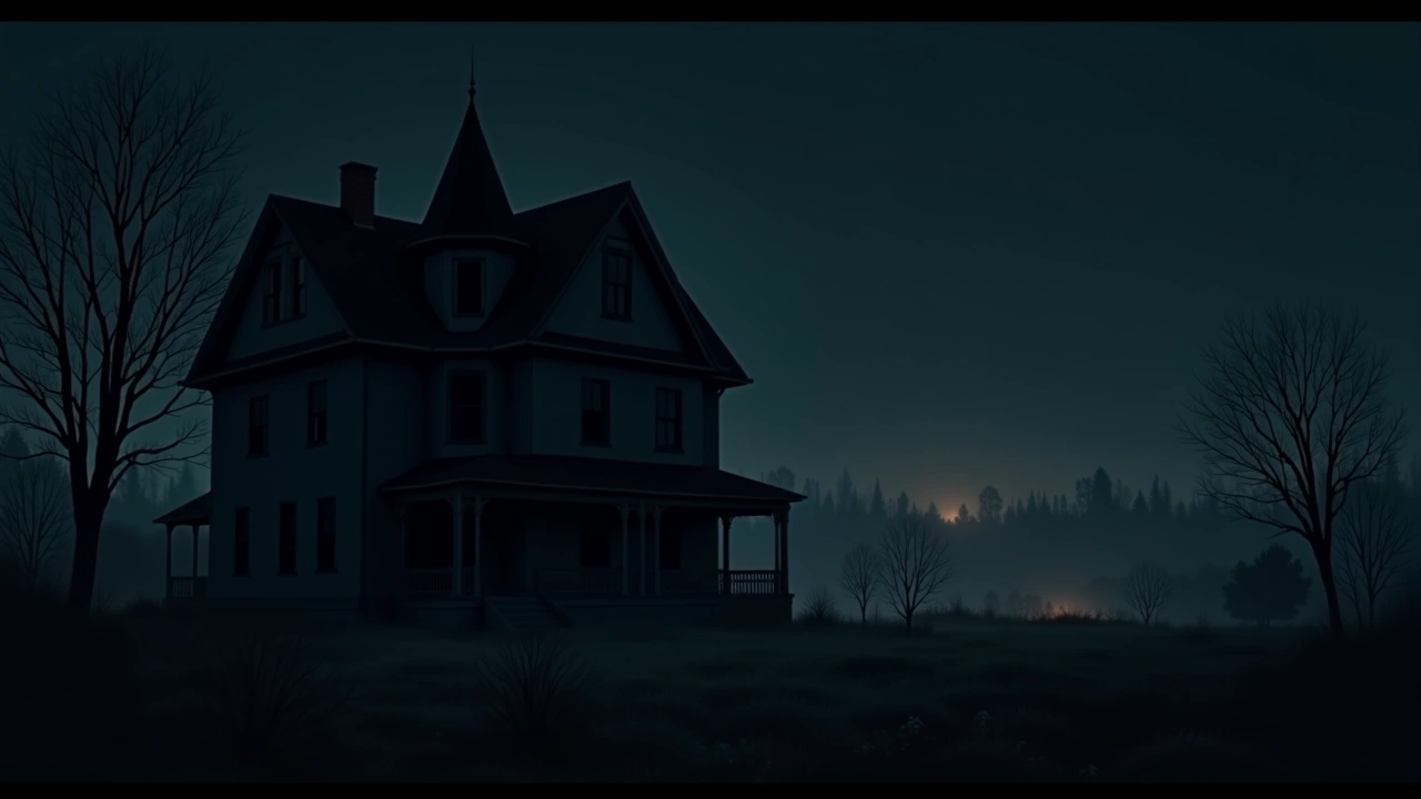 Illustration: the dark exterior of an old Victorian house at night.