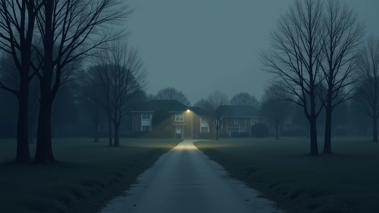 Illustration: a park path at dusk leading toward a row of houses.