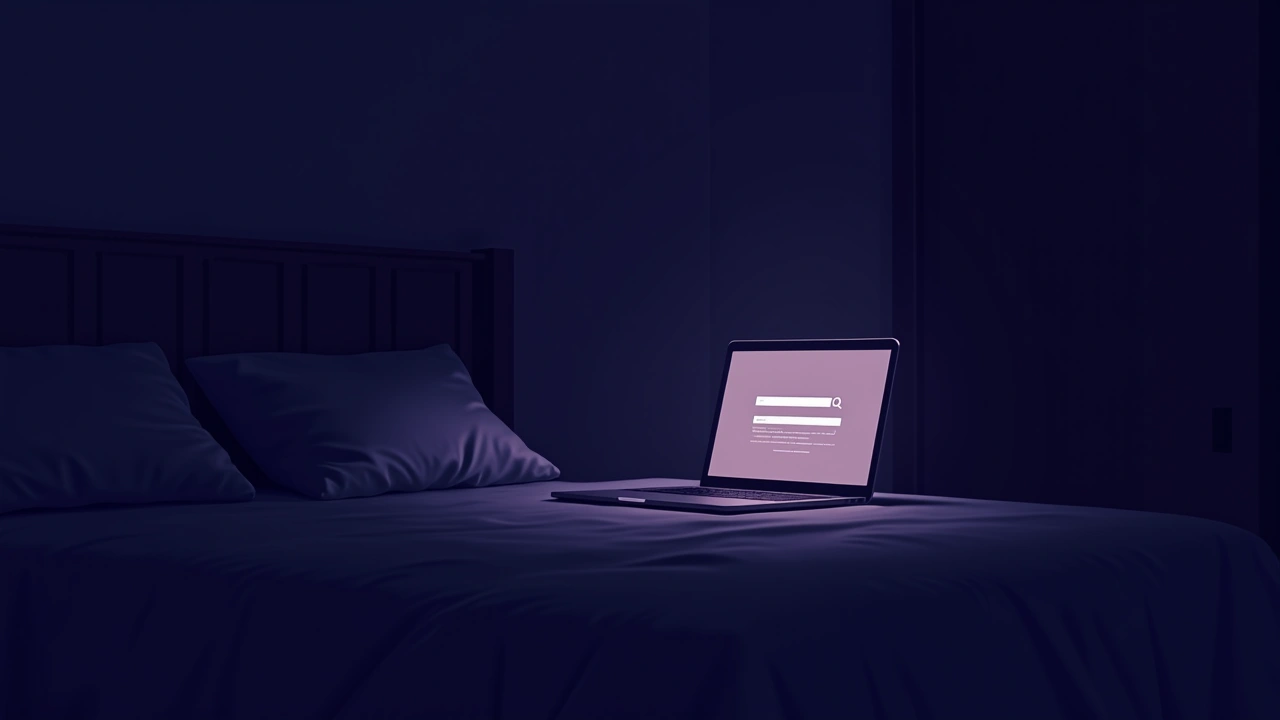 Illustration: a laptop glowing in a dark bedroom, search results faintly reflected on the screen.