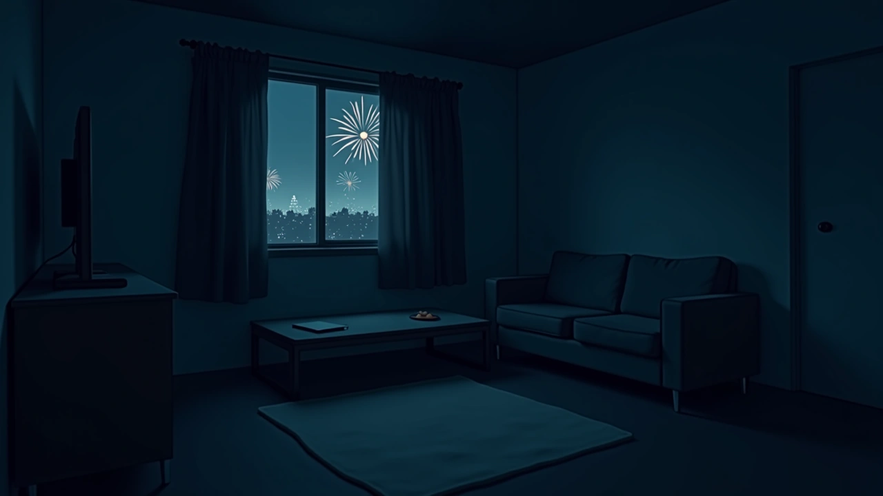Illustration: a quiet condo living room at night, lit only by a glowing phone screen, with a window showing distant fireworks.