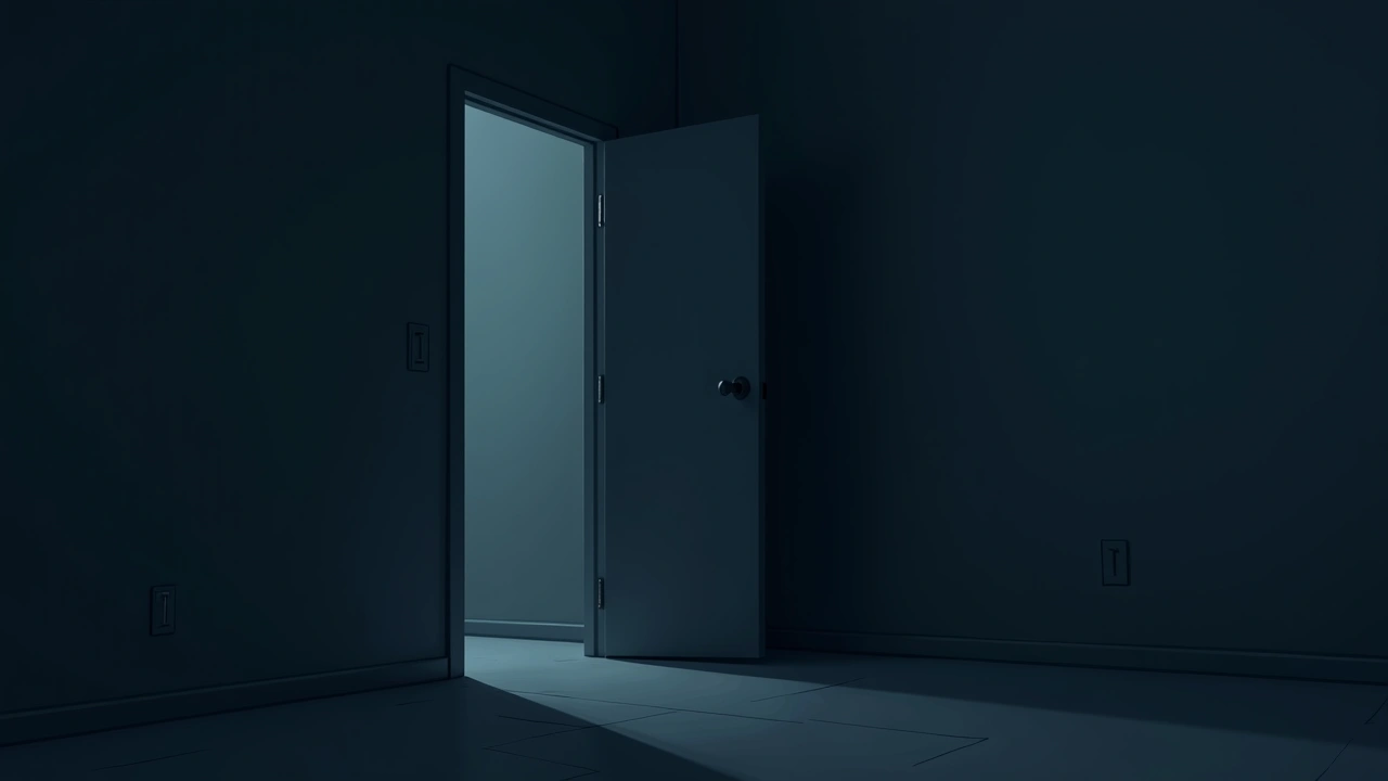 Illustration: a dark bedroom doorway at night, door slightly ajar.