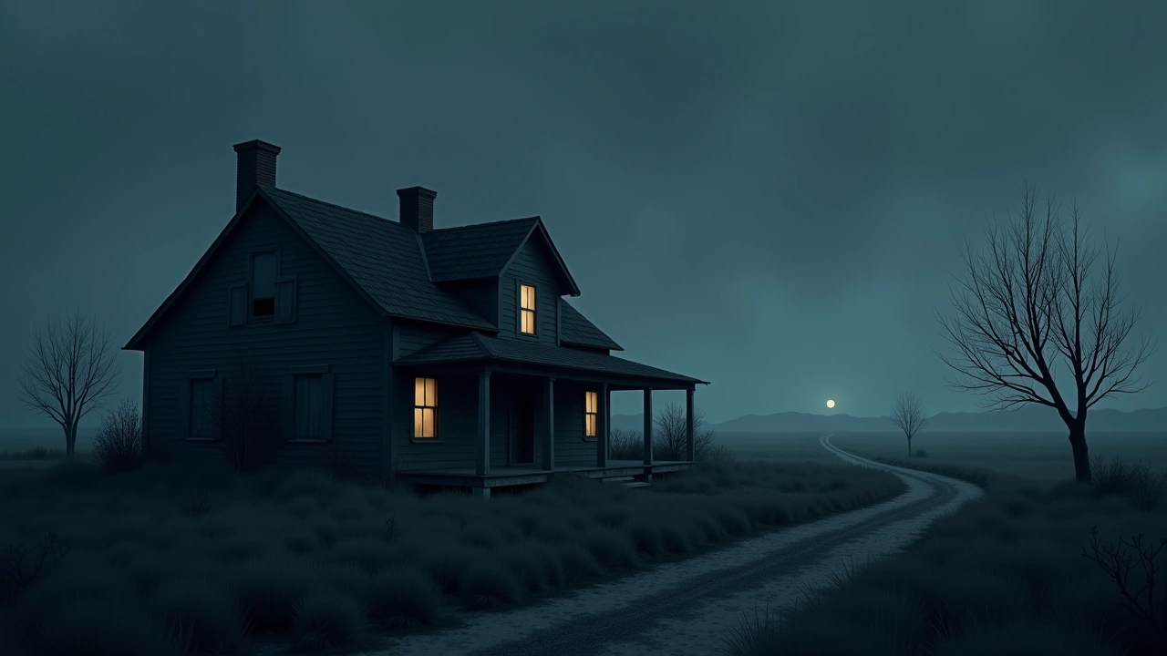 Illustration: an old rural property at dusk, weathered and quiet, with a sense of long history.